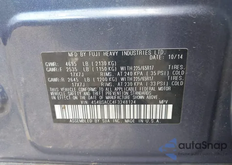 2015 Subaru Outback 2.5I Premium из США, поврежденный, VIN 4S4BSACC4F3248124